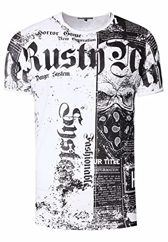 Rusty Neal T-Shirt Verwaschen S M L XL XXL 3XL Used-Look All-Over-Print American-Skull Westside-Gang-Banger Shirt Rundhals Kontrast Stretch 295, Farbe:Weiß, Größe S-3XL:M