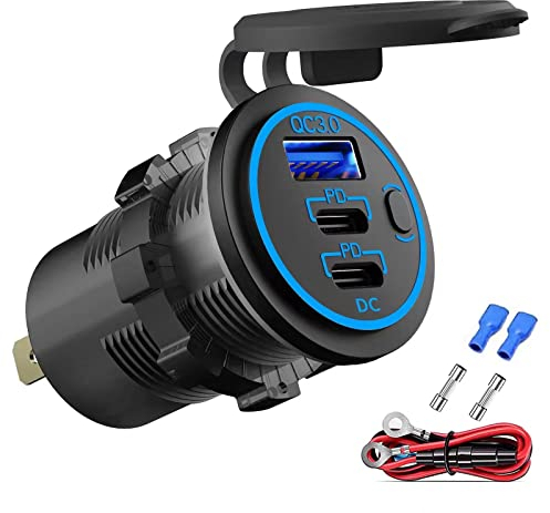 Uscita USB 12V Caricatore USB a filo multi-porta, doppia presa USB PD3.0 e QC3.0 per auto con interruttore di alimentazione, caricatore veloce per iPhone iPad telefoni Android, adatto per auto barca