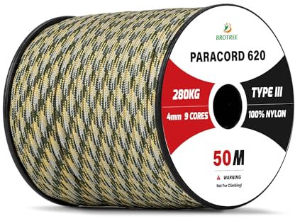 Brotree Paracord 4mm 50M 9 Strands 100% Nylon Rope Type 3 Parachute Cord for Outdoor, Bracelet, DIY - 280kg Breaking Load (ACU (Army Combat Uniform))
