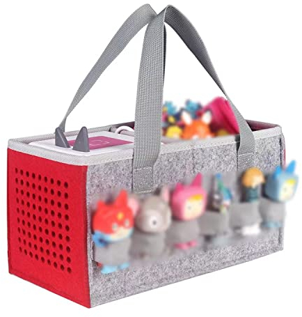 OUKNAK Carrying Case for Tonies Starter Set & Storage Bag for Tonies Figurine, Outdoor Hand Bag for Audio Player and Dolls Musical Toy Folding Bag for Kids Toniebox Accessories (Gray Red)