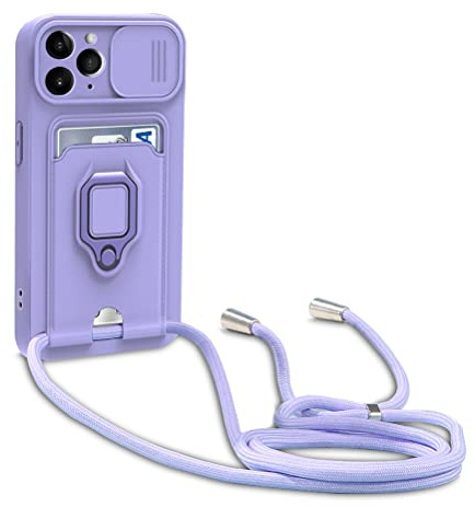Dllatui Handyhülle Kompatibel mit iPhone 11 Pro Halsband Lanyard Silikonhülle,mit Kamera Schutz Schieber,Drehbarer Ständer mit Kartenfach Necklace Hülle (Lila)