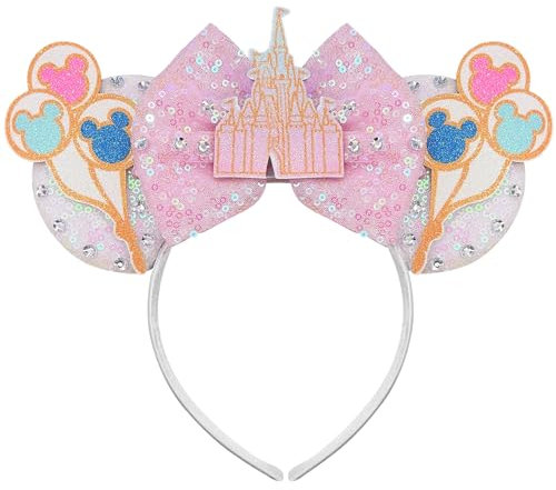 Bolonar Halloween Maus Ohren Stirnband Pailletten Rosa Schloss Maus Ohren Minnie Ohren für Mädchen Maus Ohren Schleife Stirnbänder Halloween Haarschmuck für Frauen Kinder Erwachsene