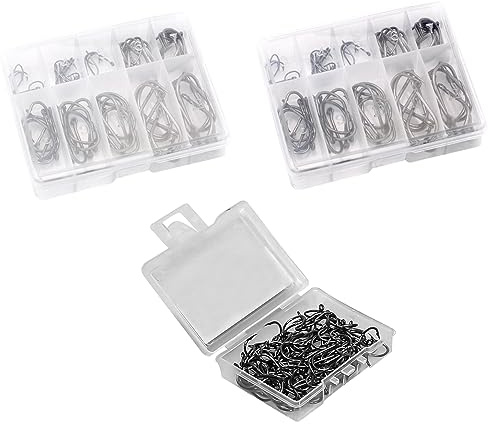RTRTGS Angelhaken, 260 Stück Kohlenstoffstahl Angelhaken Set in 13 Größen, Angelhaken mit Widerhaken, Angelhaken mit Öse, Angelzubehör mit Kunststoff Organizer Box (3# - 15#)