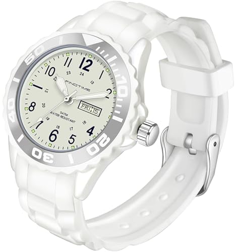 findtime wasserdichte Damen Uhr für Frauen Mädchen Studenten Candy Farbe Silikonband 24 Stunden mit Sekundenzeiger Farbiges Arabische Ziffern Analog Weiß Quarzuhr mit Datum Woche