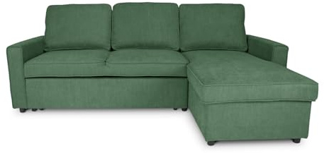 SAMIRA Divano letto angolare con contenitore, divano con chaise longue verde abete mod. Kennedy