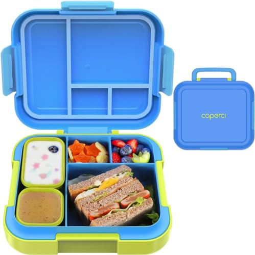 CAPERCI Brotdose Kinder mit Fächern, Large 4.8 Cups Bento Box Kinder, 4 Fächern, 2 Saucenbox, Lunch Box Jausenbox für Kindergarten Schule Ausflüge, Mikrowelle/Spülmaschinenfest (Blue/Juicy Pear)