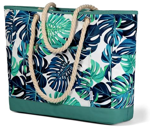 Chase Chic Strandtaschen für Frauen, Große Strandtasche für die Familie mit mehreren Taschen und Reißverschluss für Reisen und Urlaub Grüne Blätter
