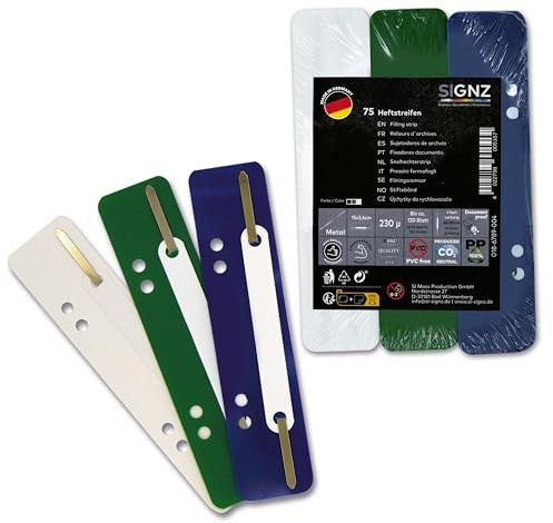 SIGNZ Heftstreifen Kunststoff (PP), 75 Stück, 25 x 3 Farben, recycelbarer Kunststoff (PP), CO2-neutral hergestellt, made in Germany (75 Stück, dunkel-blau, grün, weiß)