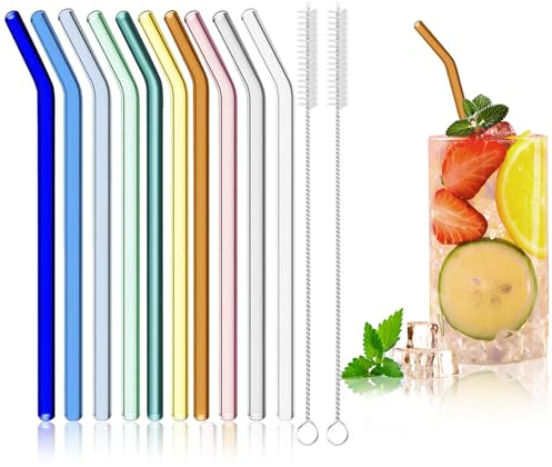 MOSTFUN Lot de 10 Pailles en Verre, 200 mm Pailles Multicolorés en Verre Réutilisables avec 2 Brosses de Nettoyage, Sans BPA, pour Cocktails, Smoothies et Jus