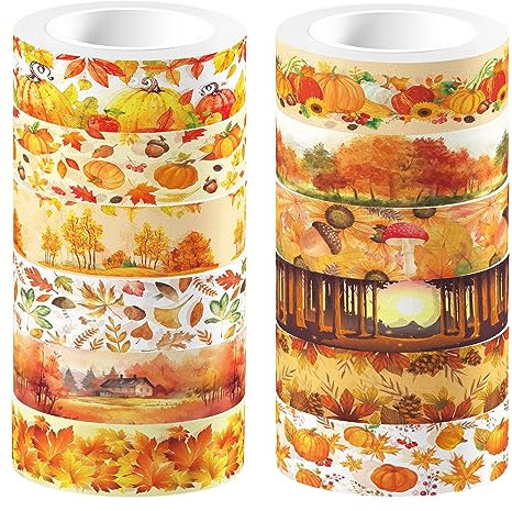 CC HOME Thanksgiving Washi Tape Set 12 Rollen,15mm Herbst Ahornblätter Decoration Washi Tapet,Masking Tape Dekorative Papier Aufkleber zum Verpacken von Geschenken