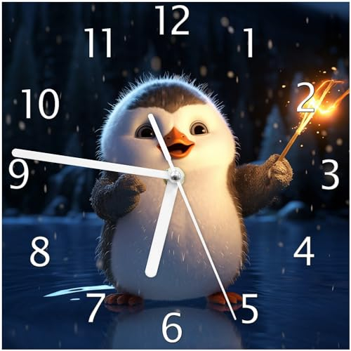 Wallario Design-Wanduhr Süßer Pinguin aus Glas, Motiv-Uhr Größe 20 x 20 cm, weiße Zeiger
