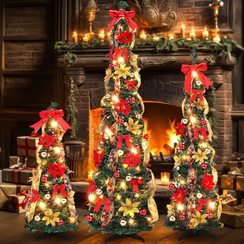 Leyndo 3 Pcs 3, 4, 5ft Pre Lit Pop up Christmas Tree with Lights Pre Decorated Pencil Christmas Tree One Minute Collapsible Skinny Xmas Decoration with Bow Flower Balls Ribbon for Home Decor
