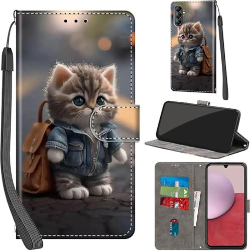 Handyhülle für Samsung Galaxy A14 5G / A14 4G Hülle PU Leder Schutzhülle Klappbar mit Kartenfach Ständer Handytasche mit Kameraschutz Flip Case Klapphülle für Samsung A14, Katze