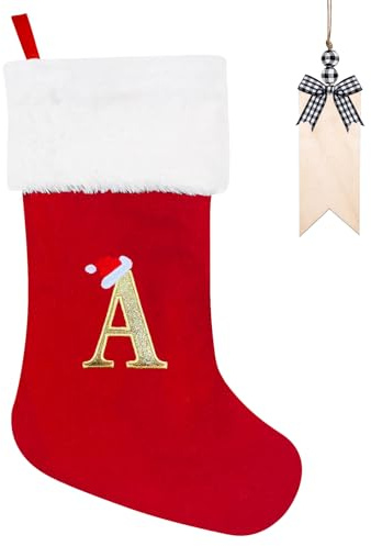Weihnachtsstrumpf Personalisiert 50cm Großer Nikolausstrumpf mit Buchstaben Plüsch Stockings Hängender Weihnachtsmann mit Namensschild Ornamente Weihnachtsdekorationen für Weihnachtsbaum und Heim (A)