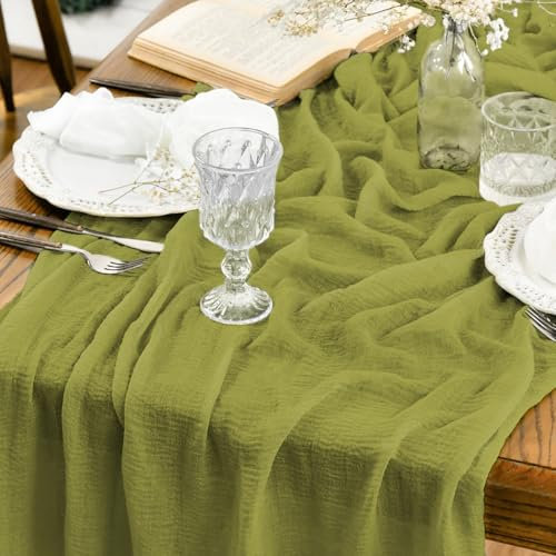 Artoid Mode Boho Käsetuch Gaze Gras Grün Hochzeit Tischläufer 80x300 cm, Waschbar Tisch Dekoration Party Geburtstag Valentinstag Babyparty Dekor
