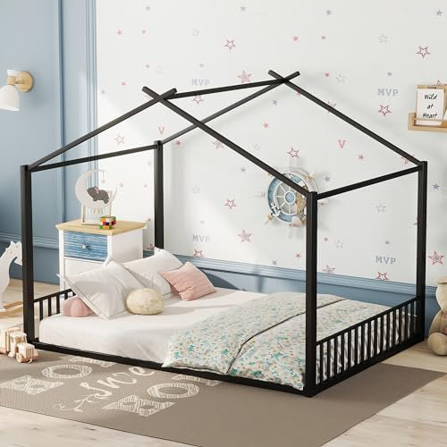 Aoskem Kinderbett Hausbett Doppelbett Bett 140x200 cm, Bodenbett Flachbett Jugendbett Metallbett, Bett in Hausform, Bettgestell mit Lattenrost, Eisenrahmenbett, Ohne Matratze (Schwarz)