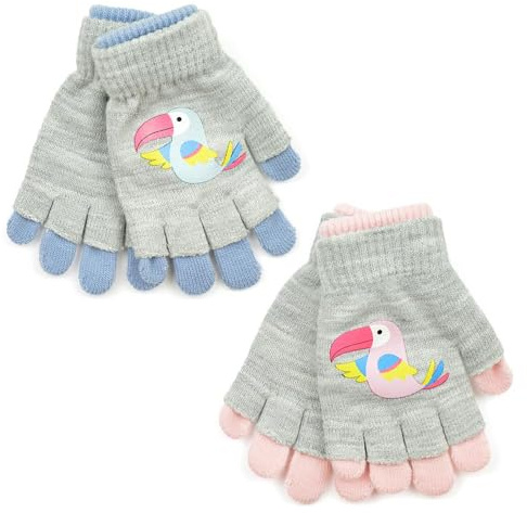 A2Z 4 Kids Girls Gloves 2 Pack Double Layer Gloves Winter Warm Thermal Magic Bird Mittens 2 in 1 Full/Half Fingers Stretchy Gloves Kids Girls Walking Riding Grippers One Size Fit Ages 5-13 Year