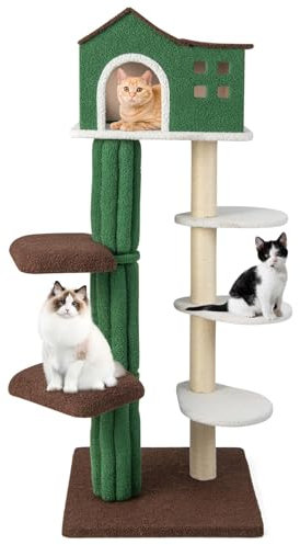 COSTWAY Kratzbaum Kaktus, 153 cm, Katzenkratzbaum mit Katzenhaus & 5 drehbaren Sprungbrettern, Katzenbaum mit Sisalpfosten & Plüschfosten, Katzenmöbel Katzenturm Katzen, Grün