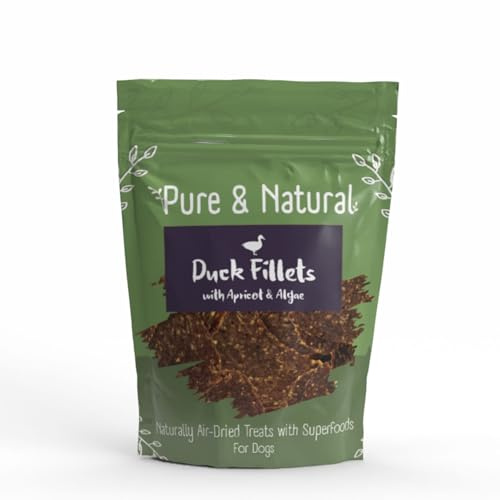 Pure & Natural Superfoods Air Dried Duck Fillets Treats with Apricot & Algae - Healthy Dog Chews and Treats for Dogs with Sensitive Stomachs - 100g