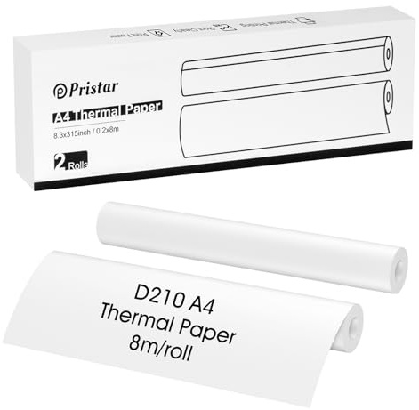 Pristar D210 Papier Thermique A4, 2 Rouleaux 210mm x 297mm Papier Thermique, Compatible avec l'Imprimante Portable D210, Idéal pour les voyages, la maison et les contrats, 26 Feuilles/Rouleau