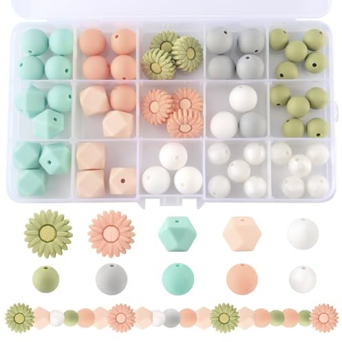 56 Pièces Perles Silicone Ronde, Fleur, Polygone, 12mm 14mm 15mm 20mm, pour Bricolage Trousseau de Clés, Artisanale