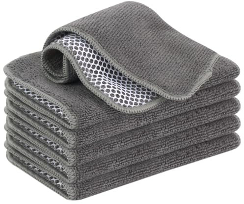 VIVOTE 6 Pack Microfiber Dual Surface Scrubbing Cloth, No Scratch Dish Cloths for Kitchen, 2 in 1 Microfiber Dish Cloth, 20cmx20cm (Grey)