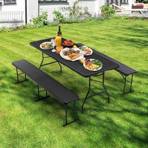 BIRCHTREE Folding Foldable Table Bench Set 6FT 1.8M Heavy Duty HDPE Steel Legs Portable Outdoor Camping Garden Picnic BBQ Party Black