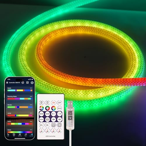 1M LED Neon Rope Light with Remote and APP Control, 360° RGB IP65 Schlauch Diffus Lichtband, 50LEDs/M Traum Farben Lauflicht Effekt für Heimdekoration