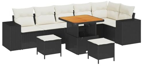 vidaXL 9-teiliges Garten-Sofa-Set mit Kissen in Schwarz aus Poly-Rattan und cremeweiß. Langlebige und stylische Möbel für draußen. Das Set bietet Platz für 6 Personen und ist wetterfest.