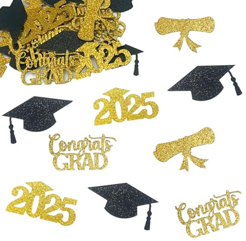 100 Pcs 2025 Graduation Decorations Confetti,Confetti Party Table Decor Black Gold Glitter Sprinkles Scatter,Prom Decorations 2025,Graduation Party Favors for Prom Home College School Decor