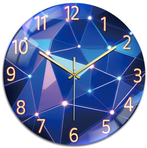 peacoblue Wanduhr Geometrisches Lichtmuster 12 Zoll Glas Runde Wanduhr Nicht tickend für Küche, Wohnzimmer, Esszimmer, Schlafzimmer und Bad Dekor Zubehör (Batterie Nicht enthalten)