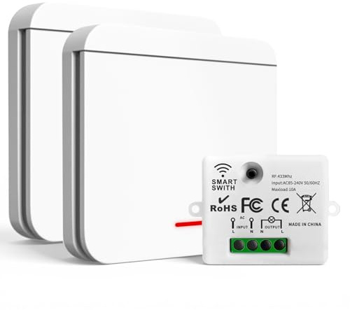 Funk-Lichtschalter Set, Funkschalter Licht & Empfänger bis 1500W/10A, 30m Reichweite, Wandpanel RF Sicherheitsschalter Installation ohne Neutralleiter, Funktaster für Lampen und Elektrogeräte, 2V1