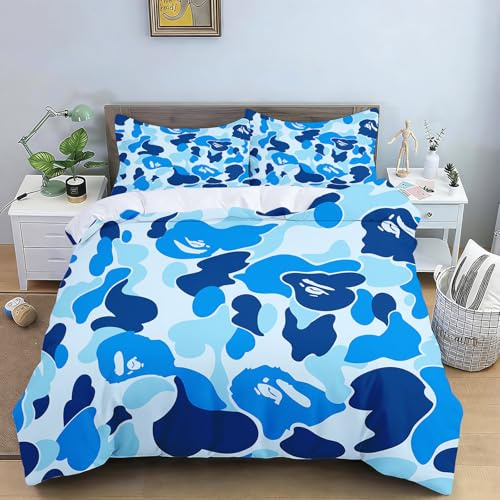 CHEFFS Blau Camouflage Bettwäsche Set, BAPE Style Ape Kopf Camo Bettbezug mit Kissenbezügen, Weiche Mikrofaser Bettwäsche, Streetwear Schlafzimmer Deko(155x220cm+2*Kissenbezüge 50x75cm)