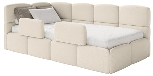 Selsey Jugendbett 120x200cm Hellbeige Bouclé Stoff mit Matratze und Lattenrost, Polsterbett mit Stauraum und Bettkasten, Kinderbett mit 2 Schutzbarrieren, Jugendbett linksseitig