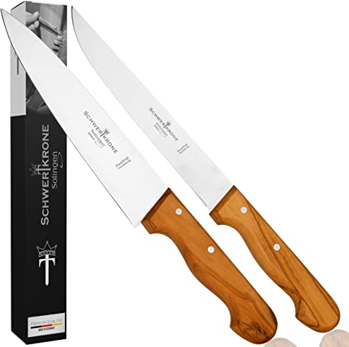 Schwertkrone Ensemble de Couteaux de Chef 20cm, Acier Solingen, Manche en Bois d'Olivier, Set de 2 pour Cuisine Pro
