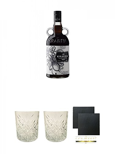 Kraken Black Spiced Rum 0,7 Liter + Rum Glas 1 Stück + Rum Glas 1 Stück + Schiefer Glasuntersetzer eckig ca. 9,5 cm Ø 2 Stück