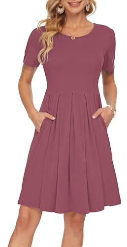 AUSELILY Kleider Damen Sommerkleid Blusenkleid A Linie Freizeitkleid Kurzarm Plissee Loose Swing Knielang Mauve L