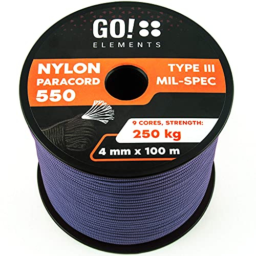 GO!elements 100m Paracord Seil aus reißfester Nylonschnur - 4mm Paracord 550 Typ III Schnur - geeignet als Allzweckseil & Reepschnur - Max. 250kg, Farbe: Grau-Blau