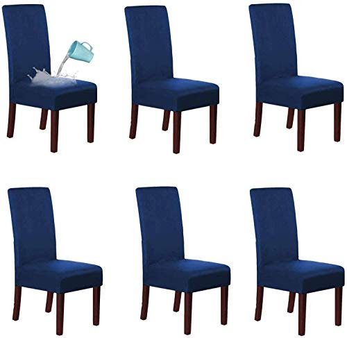 LINGKY Wildleder Esszimmer Stuhlhussen Esszimmerstuhl Schonbezug Samt Stuhlhussen Für Esszimmer, Wasserabweisend Soft Stretch Abnehmbare Stuhllehne Mit Hoher Rückenlehne (Navy blau,Set of 6)