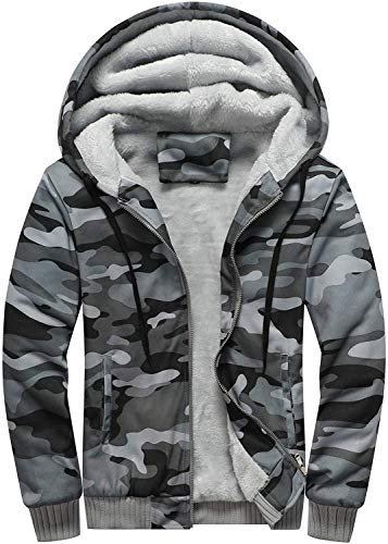 VSUSN Uomo Felpa con Cappuccio Manica Lunga Felpe con Cappuccio Vello Foderato Hoodies con Cerniera Cappotto Giacca Inverno Caldo(Grigio Militare,L)