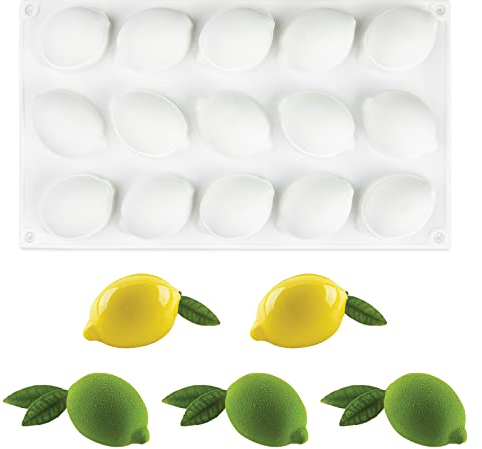 FVVMEED Zitronenförmige Silikonformen, Mousse-Kuchenform, Kuchen, antihaftbeschichtet, 3D-Backform, Dessert, Käsekuchen, Backformen für DIY Gebäck, Süßigkeiten, Schokolade, Gelee, Kerze, 15 Mulden.
