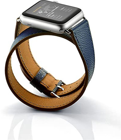 GJSYC Compatible con Correas de Relo Apple Watch 38mm 40mm 41mm 42mm 44mm 45mm, Double Tour Correa de Piel Auténtica ​Reemplazo Banda para iWatch SE Series 7 6 5 4 3 2 1,Blue,42mm/44mm/45mm