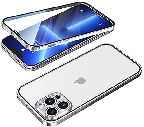 Schnallen-Installation iPhone 14 Pro Hülle 360 ° Vollaluminium-Stoßfänger mit Schloss aus gehärtetem Glas, stoßfest, lichtdurchlässige Rückwand, doppelseitiger Schutz (iPhone 14Pro, Silber)