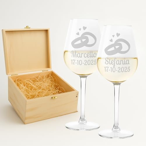 fashwork - Coppia Calici Vino Personalizzabili Sposi Lui Lei, Calici Personalizzati da 50 cl, bicchieri vino rosso o prosecco - Idee Regalo Anniversario, Regalo Matrimonio e scegli la scatola regalo