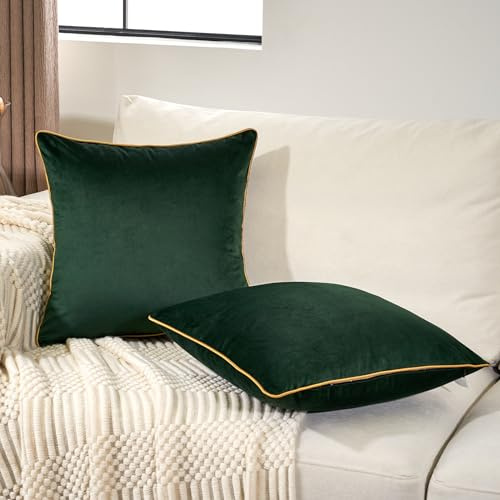 Aeckself 2 Stück grüne Samt-Kissenbezüge 50,8 x 50,8 cm, moderner luxuriöser dekorativer Kissenbezug mit goldfarbenem Rand, bequemer, weicher, solider Kissenbezug für Couch, Schlafzimmer, Wohnzimmer