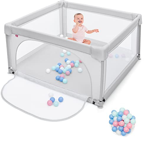 GOPLUS Baby Laufstall mit 50 Spielbällen, Krabbelgitter für Kleinkinder & Säulinge, stabiler Laufgitterzelt mit atmungsaktivem Netz, Reisebett mit Tür und Reißverschluss, mehrfarbig (120x120cm, Grau)