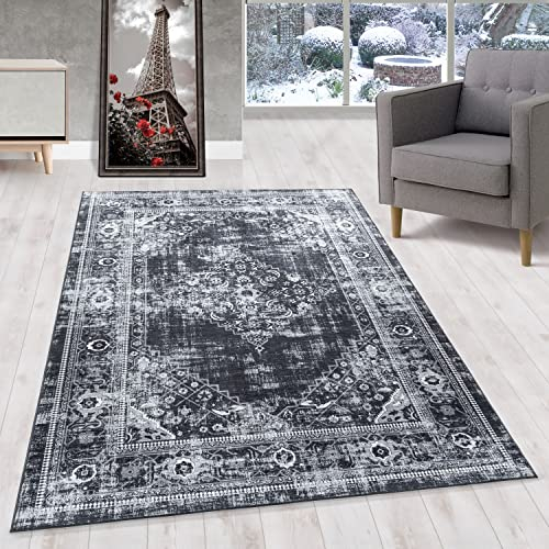 HomebyHome Kurzflor Teppich Läufer Flur 80x150 cm Schwarz und Grau, Vintage und Klassisches - Orient Teppich, rutschfest, Waschbar und Weich - Ideal für Schlafzimmer als Bettvorleger und Küchenläufer