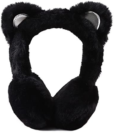 Kinder Ohrenwärmer Winter aus Weichem Plüsch Mädchen Wärmendes Ohrenschützer mit Süße KatzeÖhrche (Schwarz Katze)