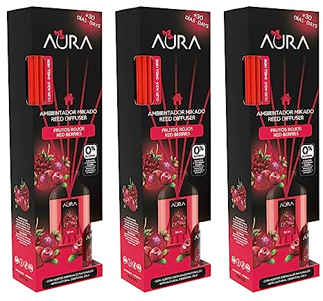 AURA | Pack 3 Ambientador Mikado con Varillas | Aroma Frutos Rojos | Larga Duración 4 Semanas | 0% Alcohol | 3x30ml