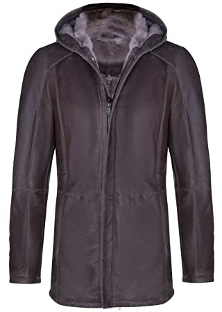 Men's Brown Sheepskin Real Shearling Classic Leather Hooded Parka Coat